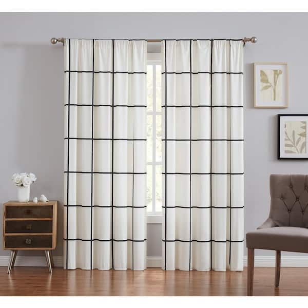 Truly Soft Ivory and Black Plaid Rod Pocket Room Darkening Curtain - 50 in. W x 84 in. L (Set of 2)