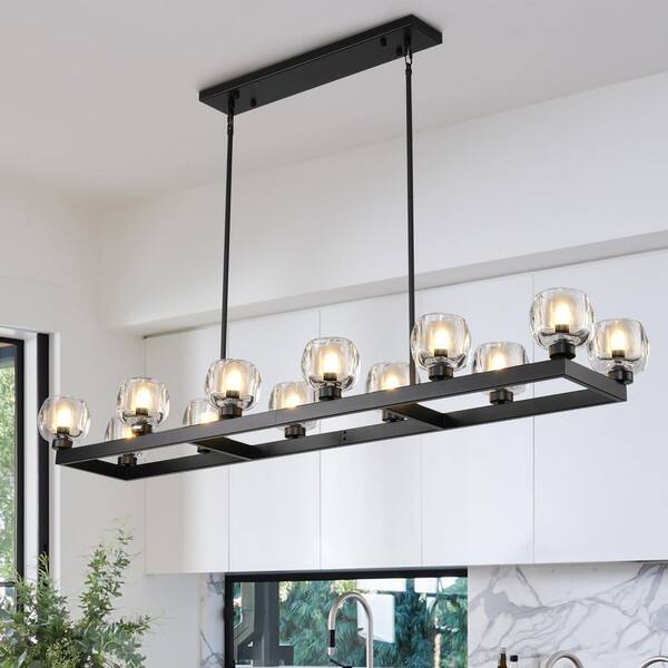 PUYRNF 59 in. 12 Lights Glass Black LED Kitchen Island Chandelier Modern Large Chandelier for Living Room Dining Room