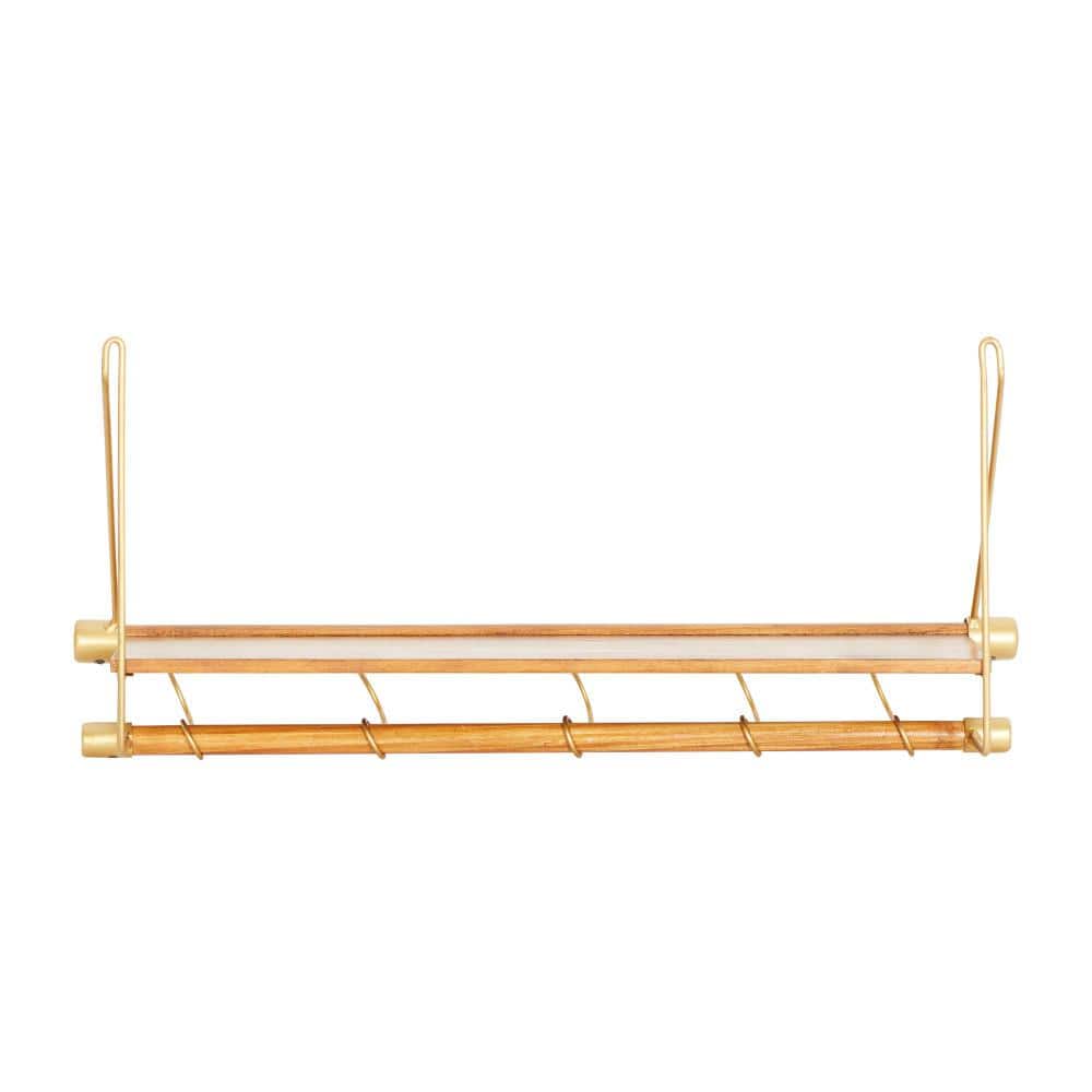 Gold and Wood Nordic Wall Shelf with Hooks