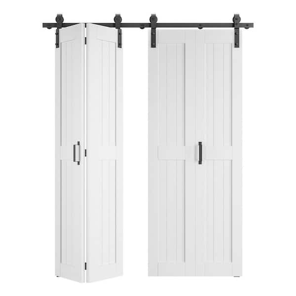 56 in. x 84 in. (Double 28 in.) Bi-Fold Paneled H shape Mid-bar White Finished MDF Sliding Barn Door with Hardware Kit