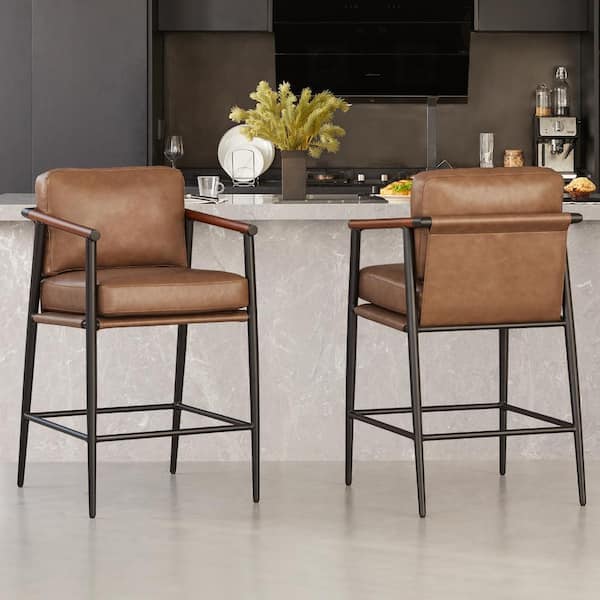 Zephyra Saddle Brown Upholstered Leather 27.2 in. H Counter Height Bar Stool with Metal Frame (Set of 2)