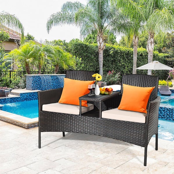 3-Piece Rattan Wicker Patio Conversation Set with Loveseat Table and Gray Cushions