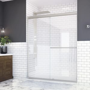 Distinctive 60 in. x 70.5 in. Semi-Frameless Sliding Shower Door in Brushed Nickel with Towel Bar and Knob Pull