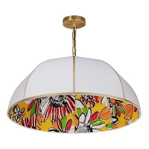 Parasol 1-Light Aged Brass Shaded Pendant Light with White Fabric Shade