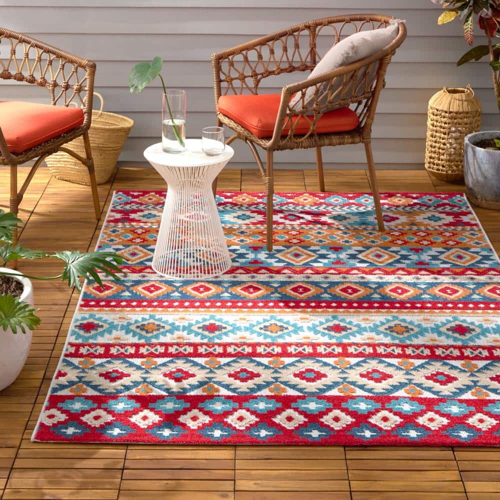 Dahlia Red and Multi Southwestern Stripe Rectangular Rug