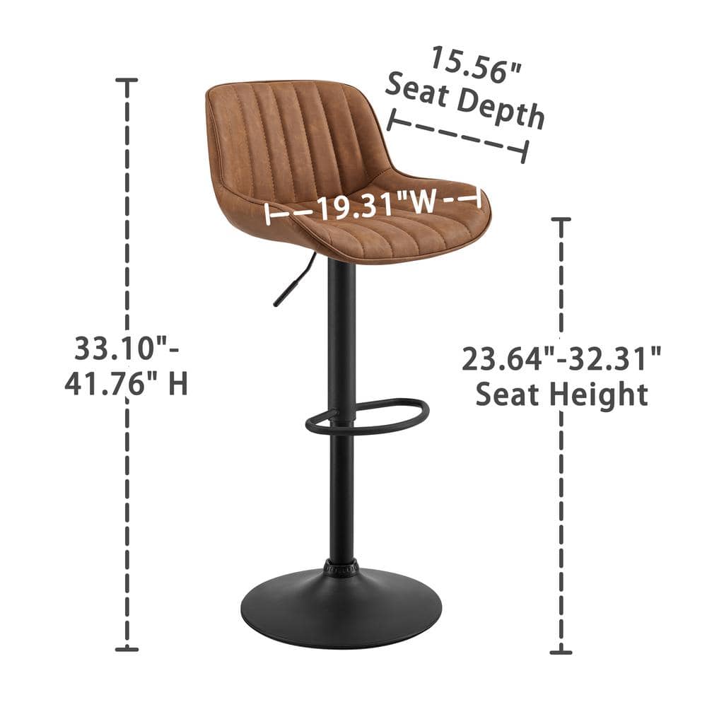 Cognac Faux Leather Adjustable Swivel Bar Stools with Black Base, Set of 2