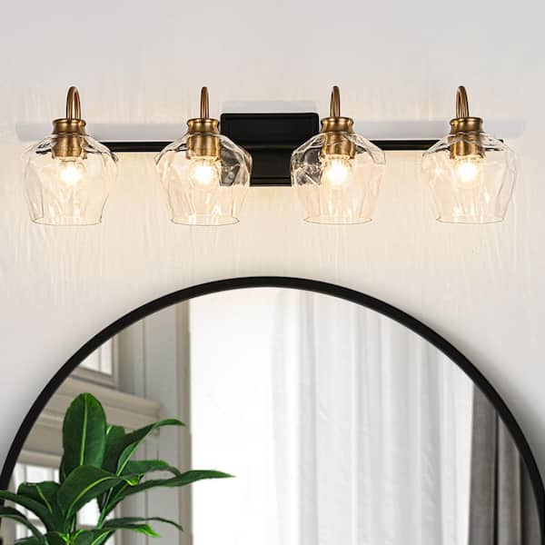 27.95 in. 4-Light Black and Gold Dimmable Bathroom Vanity Light Fixture with Textured Glass Shades
