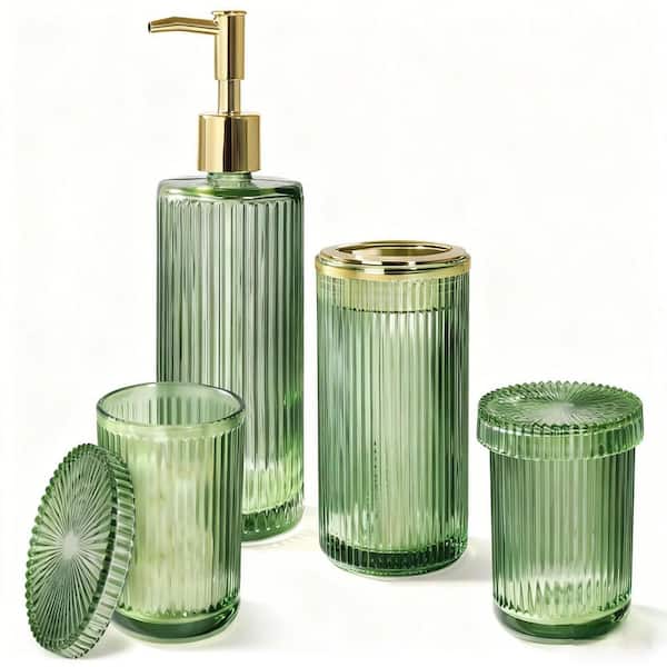 4-Piece Bathroom Accessory Set with Soap Dispenser and Toothbrush Holder Set, Qtip Holder Set in Green