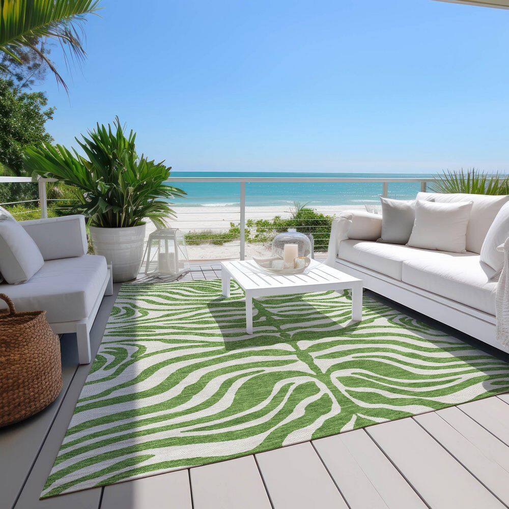 Green and Off-White Zebra Pattern Washable Synthetic Area Rug