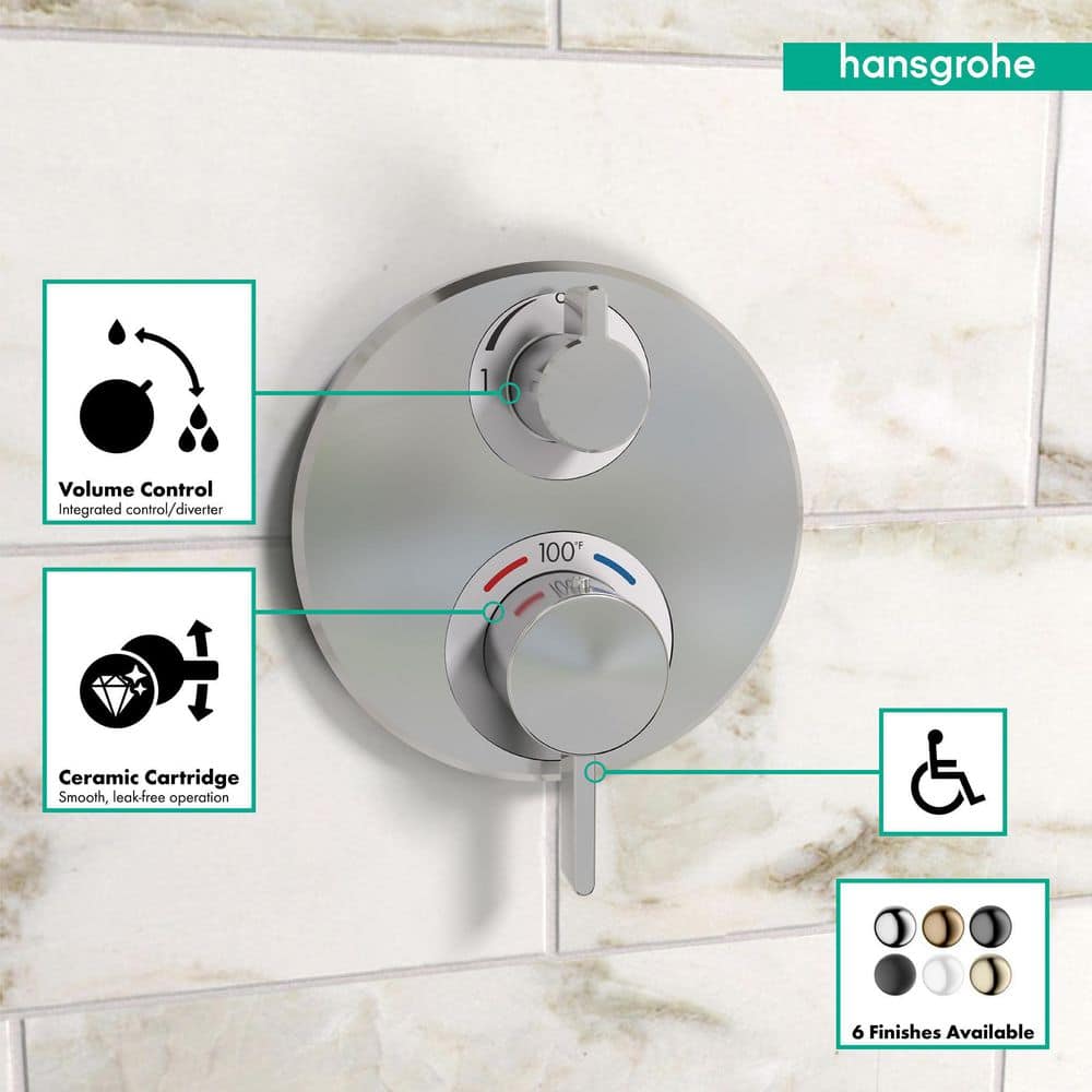 Chrome Modern Wall-Mounted Thermostatic Shower Trim with Diverter