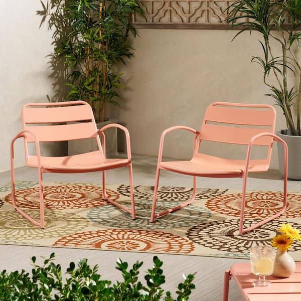 2-Piece Pink Metal Outdoor Lounge Chair, Patio Armchair with Slat Design