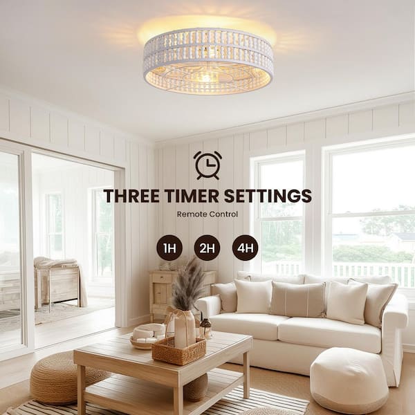 20 in. Indoor Boho White Wood Beaded Caged 5 Blades Flush Mount Low Profile Ceiling Fan with Remote and No Bulb Included