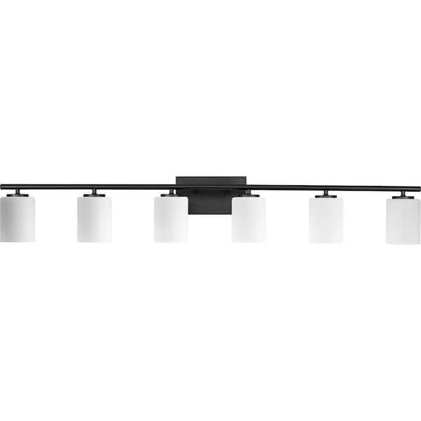 Replay 48 in. 6-Light Black with Etched White Glass Shades Modern Bath Vanity Light for Bathroom