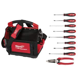15 in. PACKOUT Tote with 6-in-1 Wire Strippers Pliers and Screwdriver Set (10-Piece)