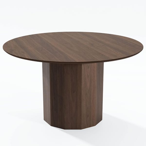 52 in. Wood Walnut Color Column Pedestal Round Kitchen Table Dining Table Seats 4