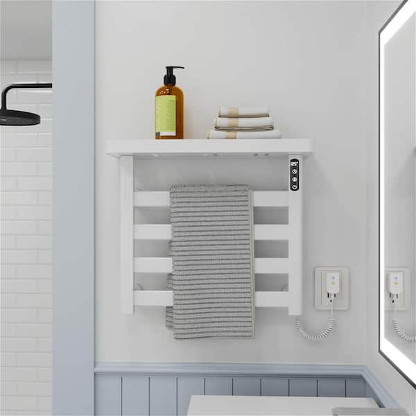 Smart Electric Towel Warmer 4-Bar 95W Wall Mounted with Shelf,Touch LED Screen,Timer and Adjustable Temperature in White