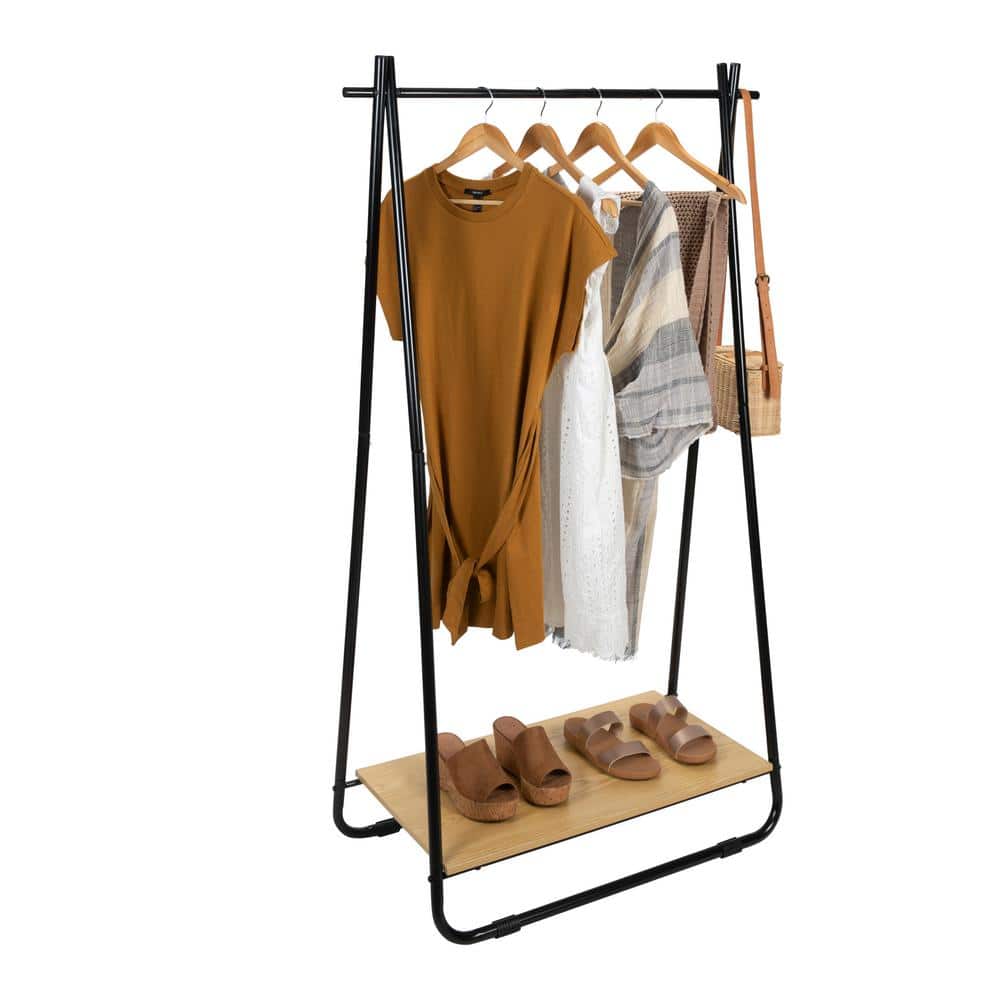 Black Metal Garment Rack with Light Brown Wooden Shelf