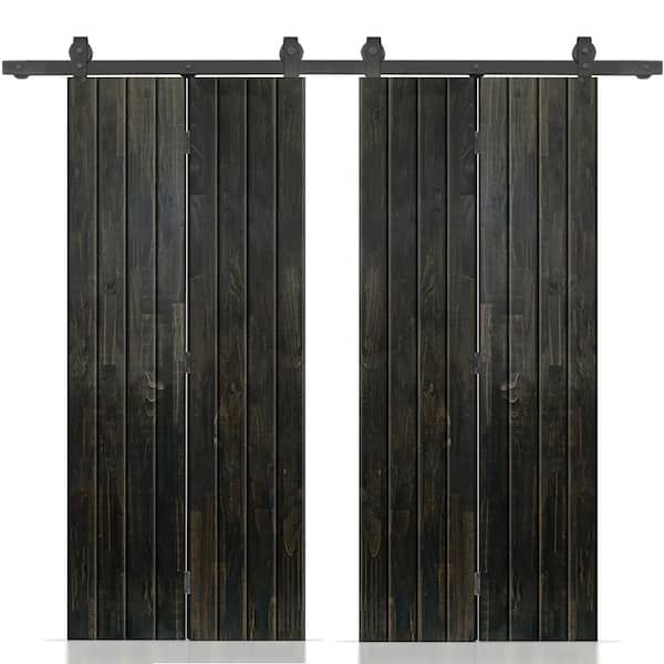 CALHOME 64 in. x 80 in. Charcoal Black Stained Hollow Core Pine Wood Double Bi-Fold Door with Sliding Hardware Kit
