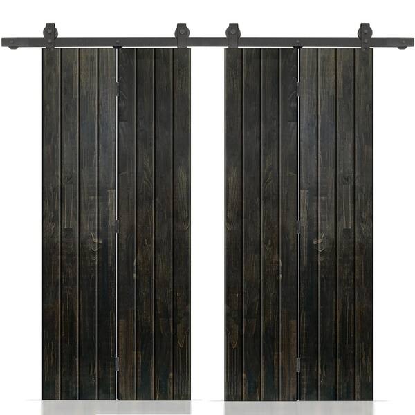 CALHOME 68 in. x 84 in. Charcoal Black Stained Hollow Core Pine Wood Double Bi-Fold Door with Sliding Hardware Kit