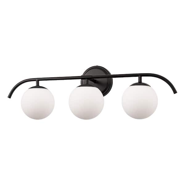 YANSUN 24 in. 3-Light Matte Black Vanity Light with Frosted Glass GlobeWall Sconce for Bathroom, Vanity, and Hallway