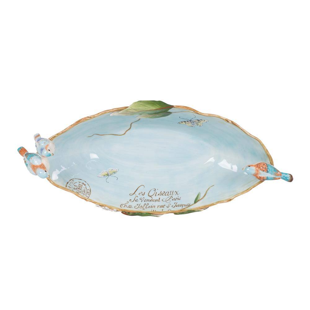 Pastel Blue Ceramic Elliptical Decorative Bowl with Birds and Butterflies