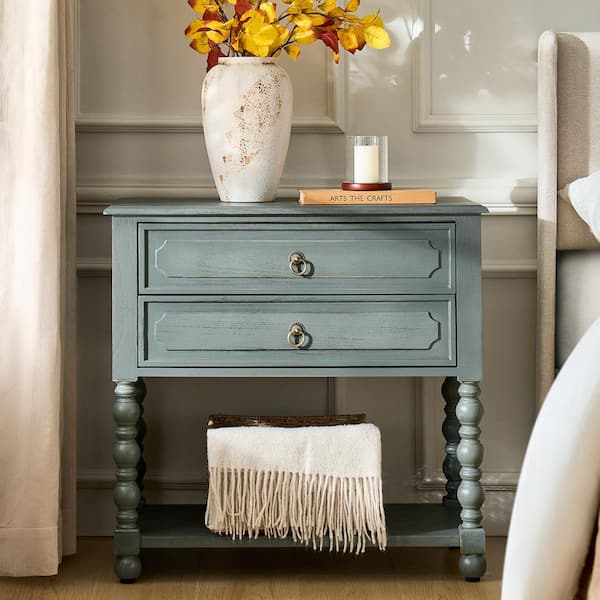 June 30 in. Blue Square Wood End Table with Built-in Charging Outlets