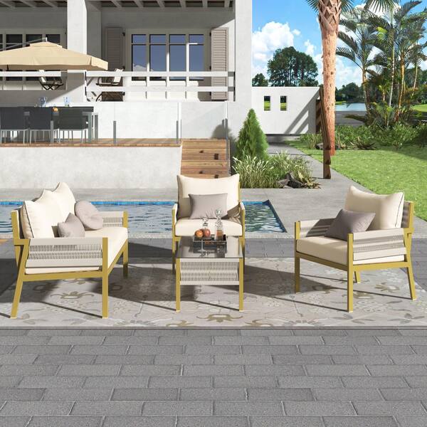 Unbranded Yellow 4-Piece Metal Outdoor Sectional Set, Patio Conversation Set with Thick Beige Cushions Backyard Porch Balcony