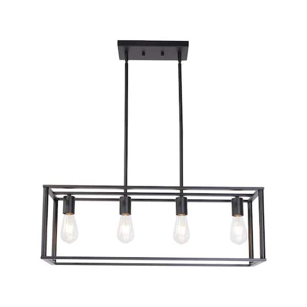 VEVETTA 4 Light Black Rustic Linear Open Frame Rectangle Chandelier for Kitchen Island with Adjustable Height (No Bulbs)