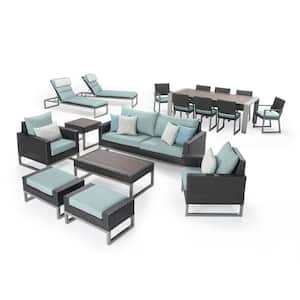 Milo Espresso 18-Pieces Estate Conversation Set with Spa Blue Cushions
