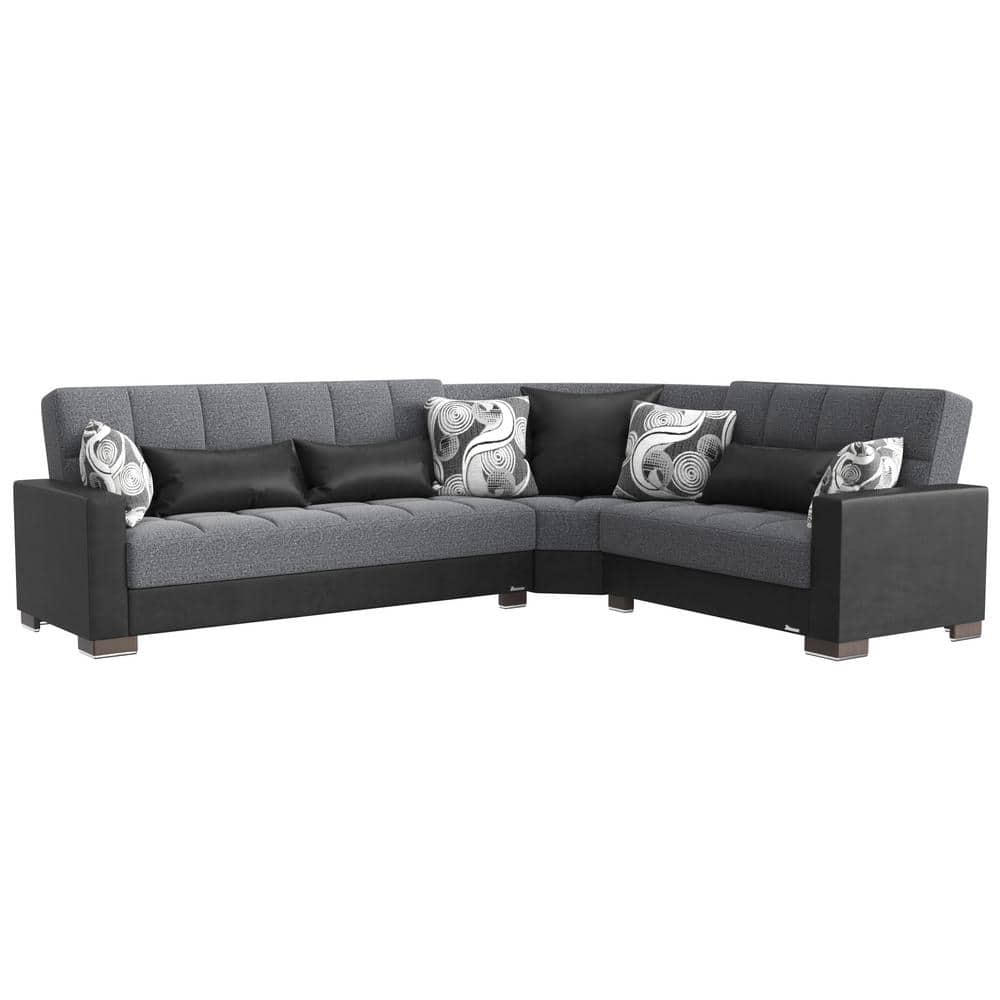 Ottomanson Basics Collection 3-Piece 108.7 in. Polyester Convertible Sofa Bed Sectional 6-Seater With Storage, Grey/Black