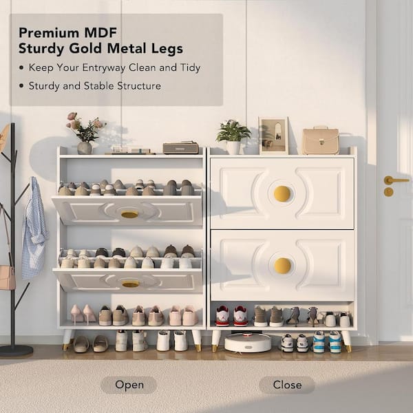 45.24 in. H x 32.68 in. W White Wood Shoe Storage Cabinet with 2-Flip Drawers and Adjustable Shelves for 20-Pair Shoes