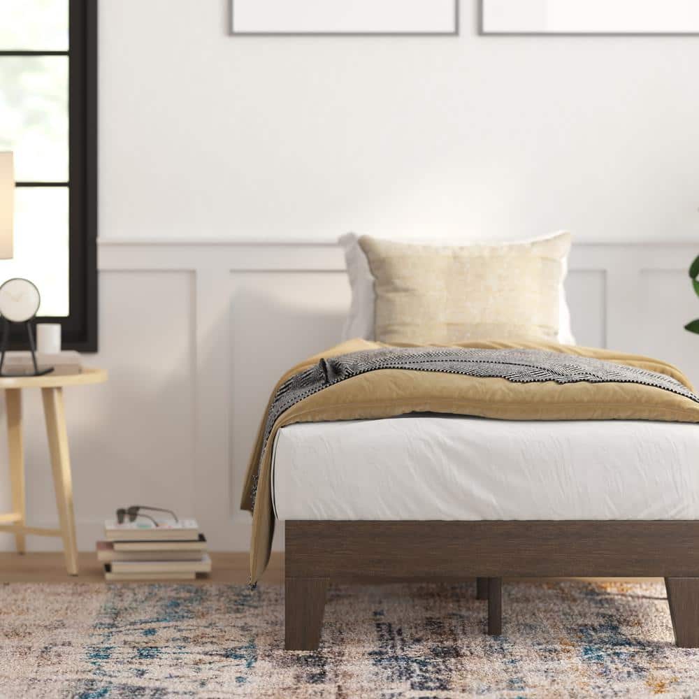 Walnut Twin Wood Platform Bed with Headboard and Drawer