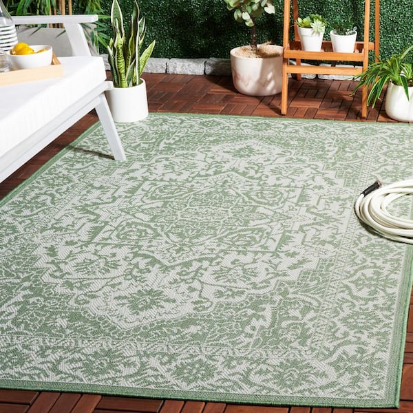 Bermuda Green/Ivory 7 ft. x 7 ft. Border Ornate Square Indoor/Outdoor Area Rug