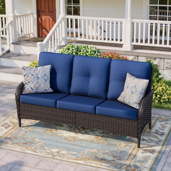 3-Seat Deep Brown Wicker Outdoor Couch Patio Sofa with Blue Cushions