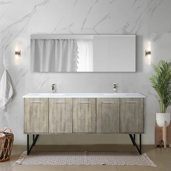 Lexora Lancy 72 in W x 20 in D Rustic Acacia Double Bath Vanity, White Quartz Top and 70 in Mirror