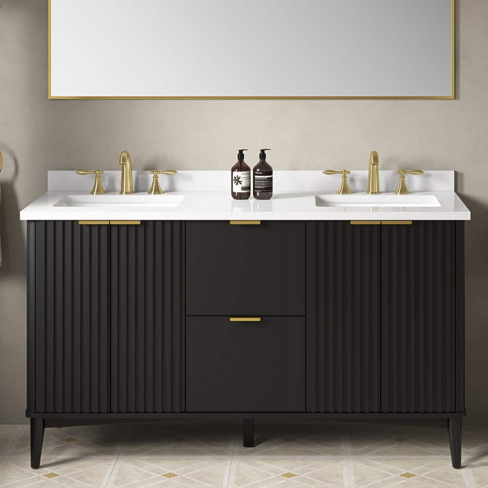 60 in. Onyx Black Double Sink Bathroom Vanity with White Marble Top