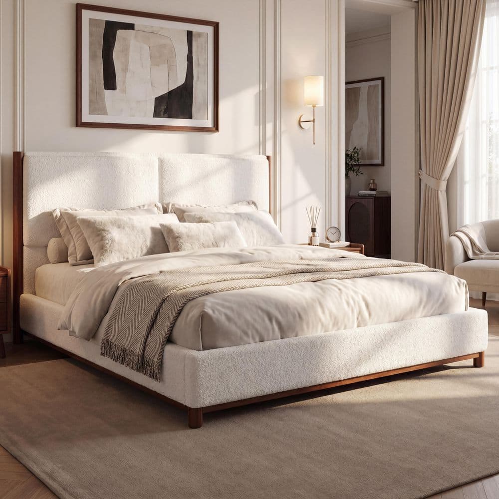 CHRISTOPHER KNIGHT HOME Irene Modern White Wood Frame Queen Size Upholstered Platform Bed with Paneled Headboard