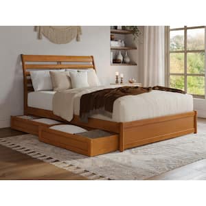 Emelie Light Toffee Natural Bronze Solid Wood Frame Queen Platform Bed with Panel Footboard and Storage Drawers