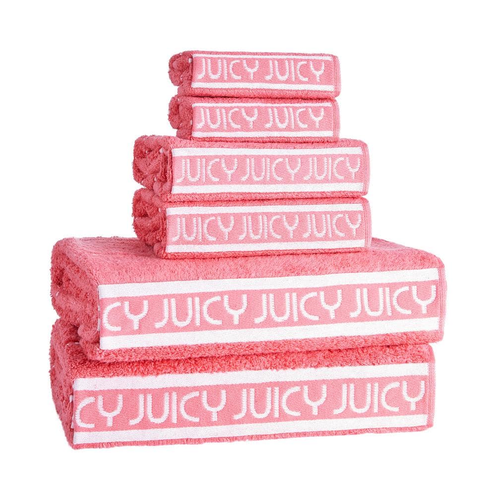 JUICY COUTURE Luxurious Plush 6-Piece Pink Coral Striped 100% Cotton Bath Towel Set