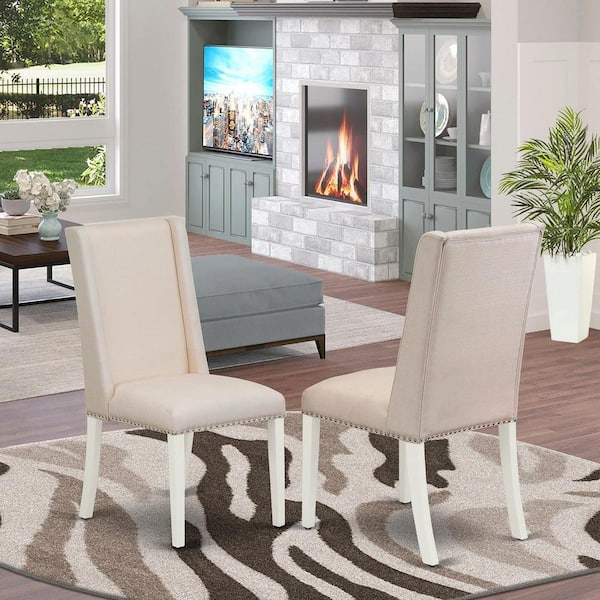 East West Furniture Linen White, Parsons Dining Chairs - Nailhead Trim Cream Linen Fabric Upholstered Chairs, Set Of 2