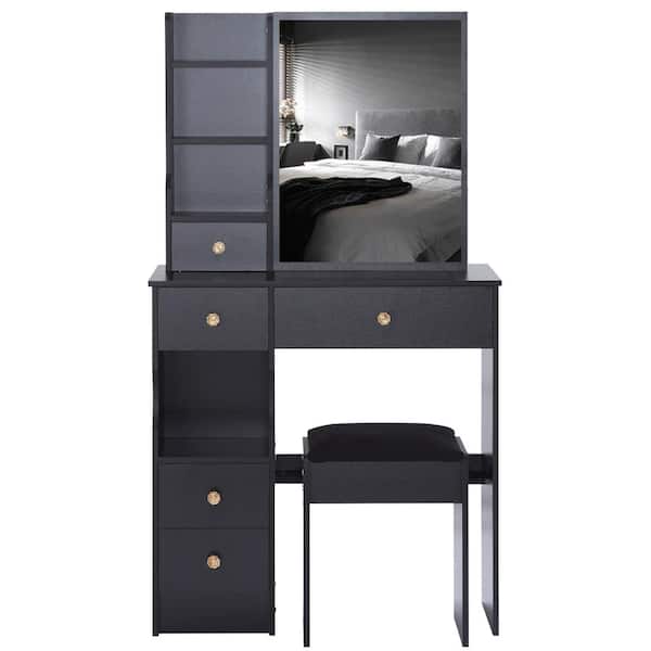 2-Piece Black Vanity Table Set with Cushioned Stool and Sliding Mirror for Small Spaces durable construction