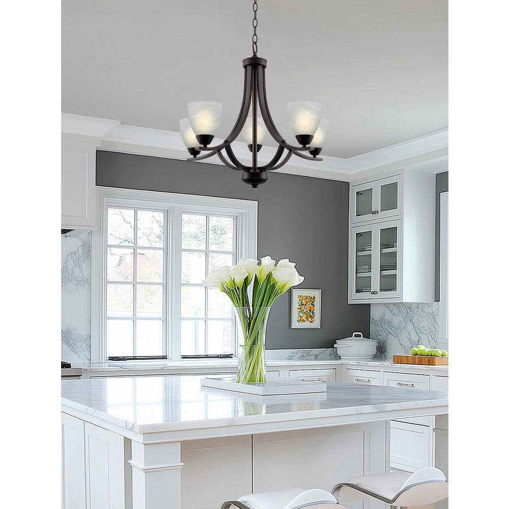 Weston 24" Oil Rubbed Bronze 5-Light Chandelier with Alabaster Glass Shades
