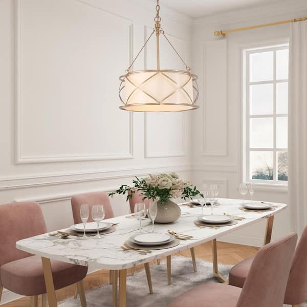 Gold Drum Bedroom Chandelier, 3-Light Modern Farmhouse Cage Chandelier Pendant Light with Fabric Shades