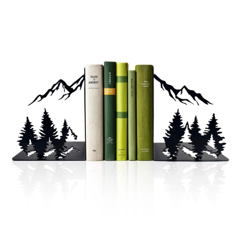 Matte Black Iron Mountain Bookends-Laser-Engraved Design, Heavy Duty ...