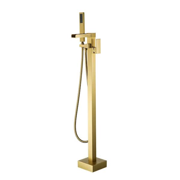 1-Handle Freestanding Floor Mount Tub Faucet Bathtub Filler with Hand Shower in Brushed Gold