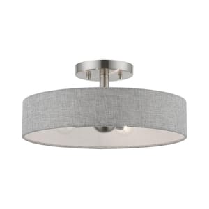 Adalone 14 in. 4-Light Brushed Nickel Semi Flush Mount with Drum Urban Gray Fabric Shade and White Fabric Inside
