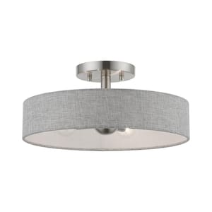 Elmhurst 14 in. 4-Light Brushed Nickel Semi-Flush Mount with Urban Gray Fabric Shade with White Fabric Inside