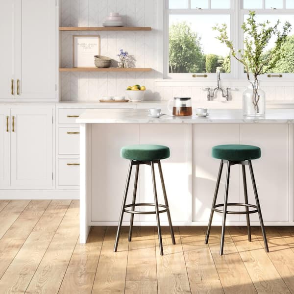 Walker Edison Furniture Company 29 in. Emerald Backless Glam Metal-Leg Cushioned Swivel Bar Stool with Velvet Seat (Set of 2)