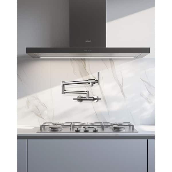 Wall Mount 2-Hole Pot Filler with Hot and Cold Control and Folding Stretchable 3-Handle in Brushed Nickel