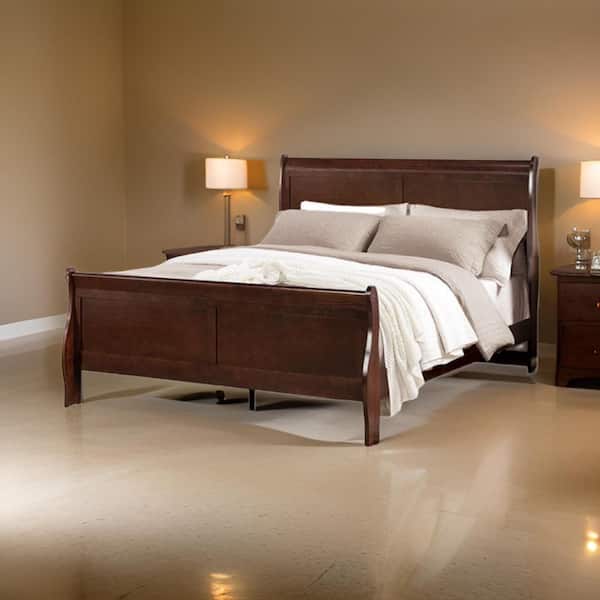Ryla Dark Cherry Brown Full Wood Frame Sleigh Bed with Panel Headboard